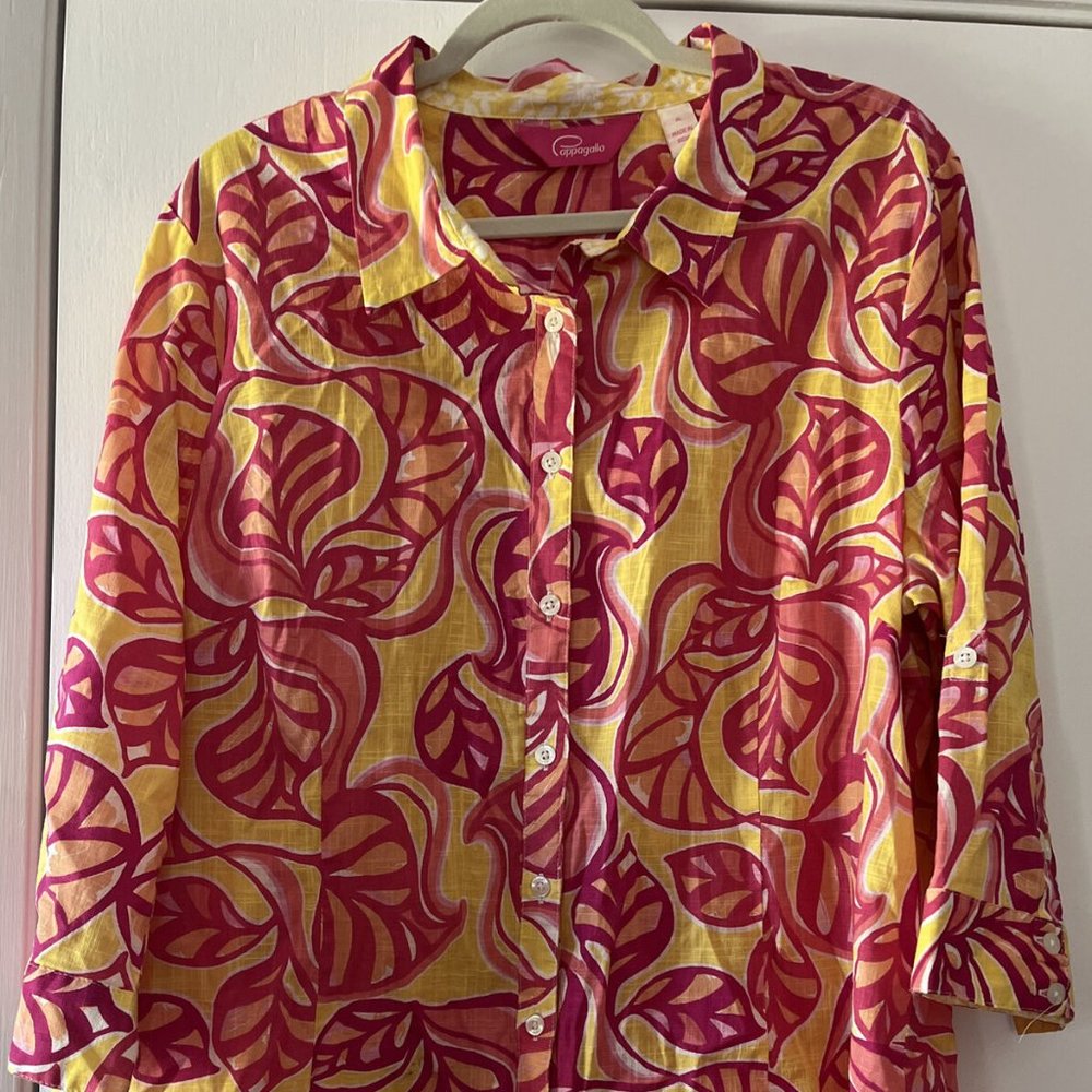 Pappagallo Shirt Womens XL 100% Cotton Hawaiian Button Front Mid Sleeve